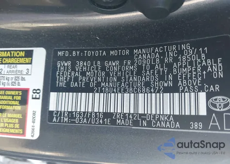 2011 Toyota Corolla S/Le from USA, damaged, VIN 2T1BU4EE3BC686472